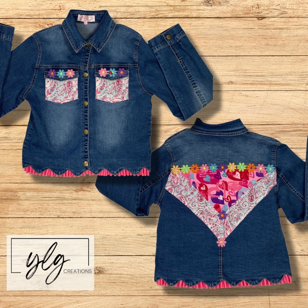 Whimsical Denim Jacket Hearts Floral Girly Boho Cottage Garden Boutique Chic